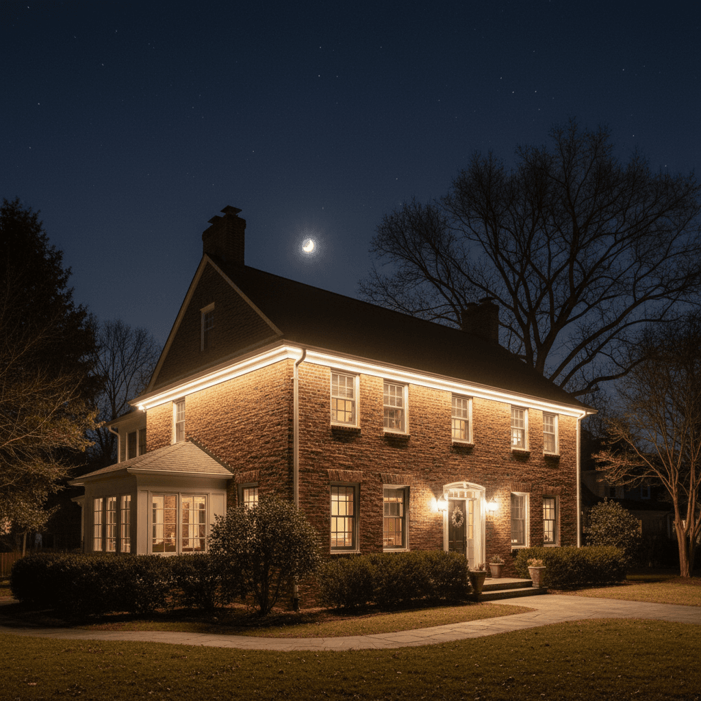 Roofline lighting at dusk